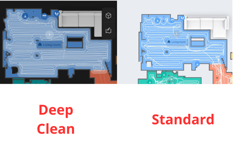 Standard cleaning mode vs deep cleaning mode of the Roborock S8 Pro Ultra.